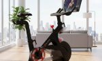 Peloton exercise bike in a bright modern living room with wooden floors, natural light, and minimalistic décor for a fresh home workout setup.