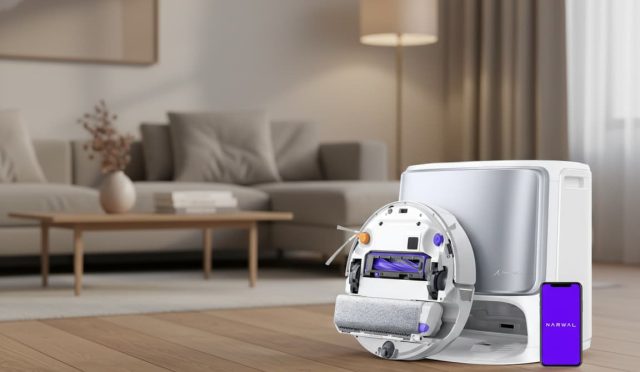 "NARWAL Flow robot vacuum and mop combo with FlowWash mopping system, CarpetFocus deep cleaning, and AI obstacle avoidance."