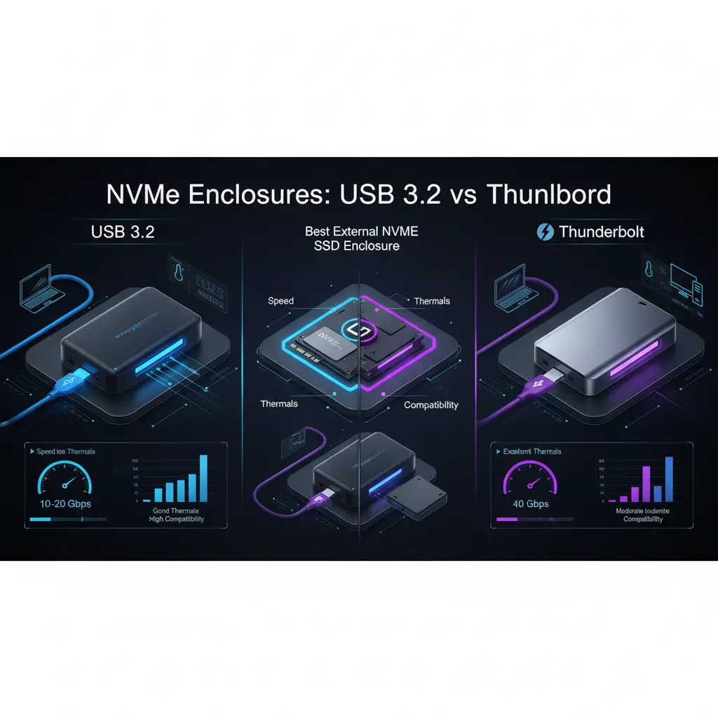 NVMe Enclosures: USB 3.2 vs Thunderbolt — Best External NVMe SSD Enclosure for Speed, Thermals & Compatibility