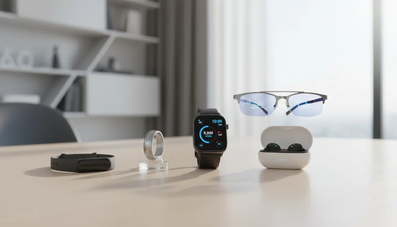 Best Wearables 2025: Smartwatches, Fitness Trackers, Smart Rings, AR Glasses and Earbuds on a Modern Desk