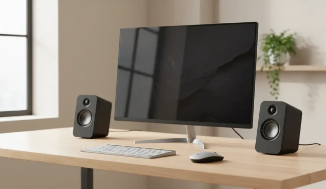 Realistic photo of a modern PC desk with best PC desktop 2.0 speakers, compact USB powered stereo speakers on both sides of a slim monitor, minimal home office setup, clean wooden desk, gaming and music ready computer speakers