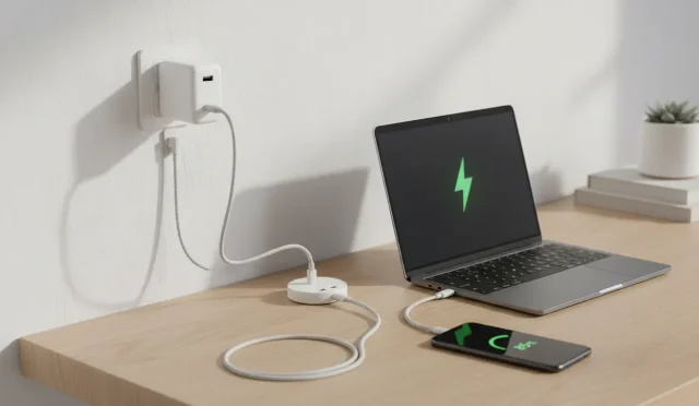 A realistic phone charging setup with a compact GaN charger, USB‑C Power Delivery cable, and a laptop on a wooden desk, showing fast charging icons and an efficient USB‑C PD ecosystem.