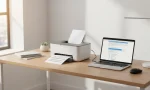 “A realistic home office with a budget printer under $300 on a wooden desk, laptop beside it, and a printed document coming out, showing affordable, high‑quality printing for home and small office users.”