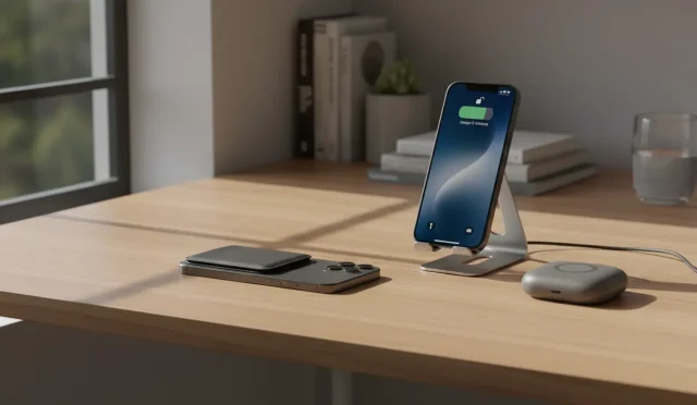 “iPhone on a desk with MagSafe wallet, stand, and power bank – realistic view of the MagSafe ecosystem for iPhone”