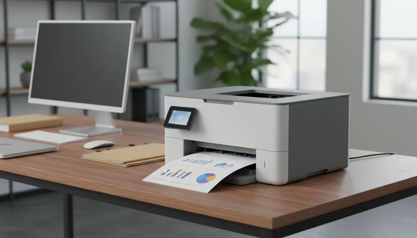 Modern Office Setup with a High Resolution 1200×1200 Laser Printer for Professional Documents