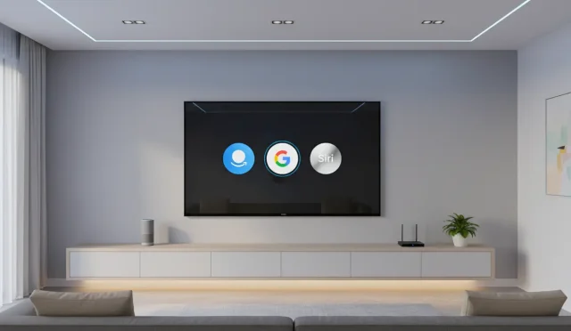 Modern living room with a 4K smart TV compatible with Alexa, Google Assistant and Siri, showing a voice enabled smart TV setup without people.