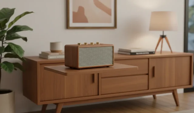 Realistic photo of a wooden retro Bluetooth speaker on a mid-century modern sideboard in a cozy living room, vintage style speakers as classic home audio decor.